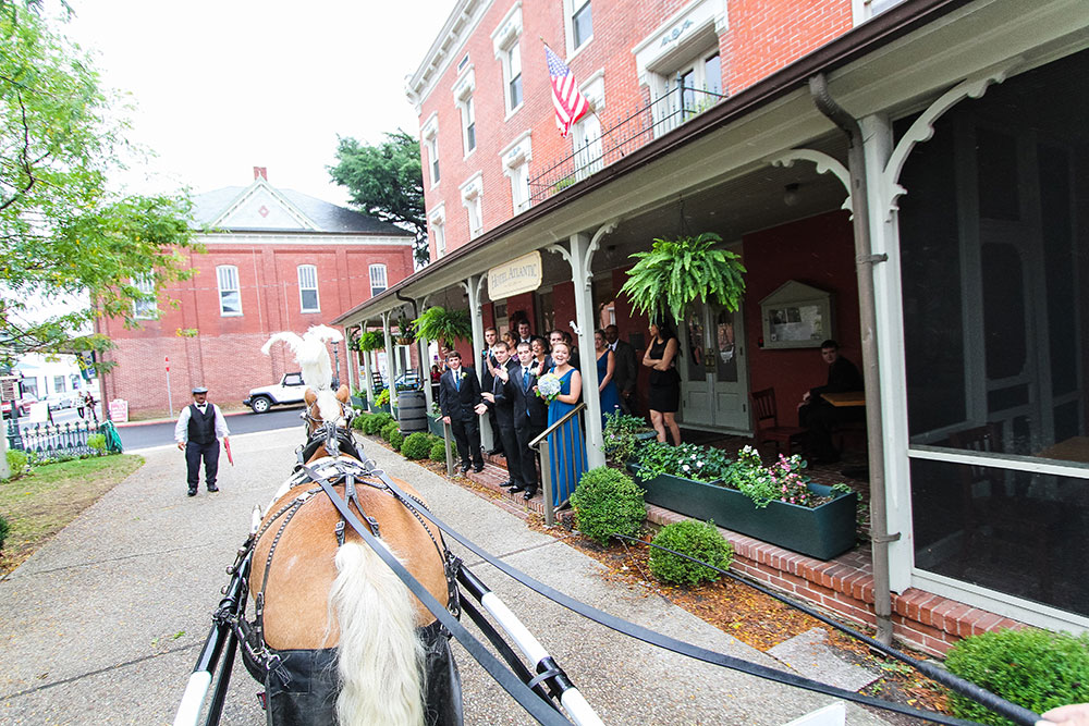 Horse drawn carraige to the Atlantic Hotel for wedding in Berlin MD