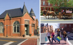three image collage of bank exterior group of girls with shopping banks on street and carriage ride with horse in front of hotel