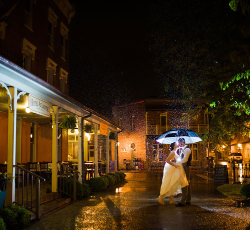 bride groom kissing under umbrella on a rainy night